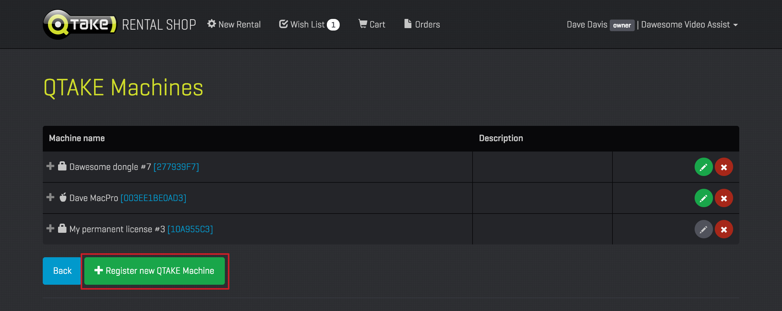 Machine registration QTAKE Rental Shop