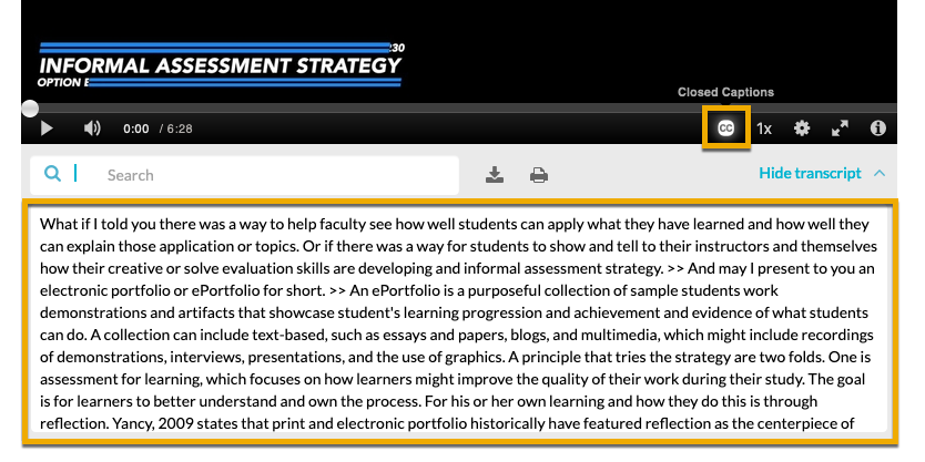 closed caption button and transcript