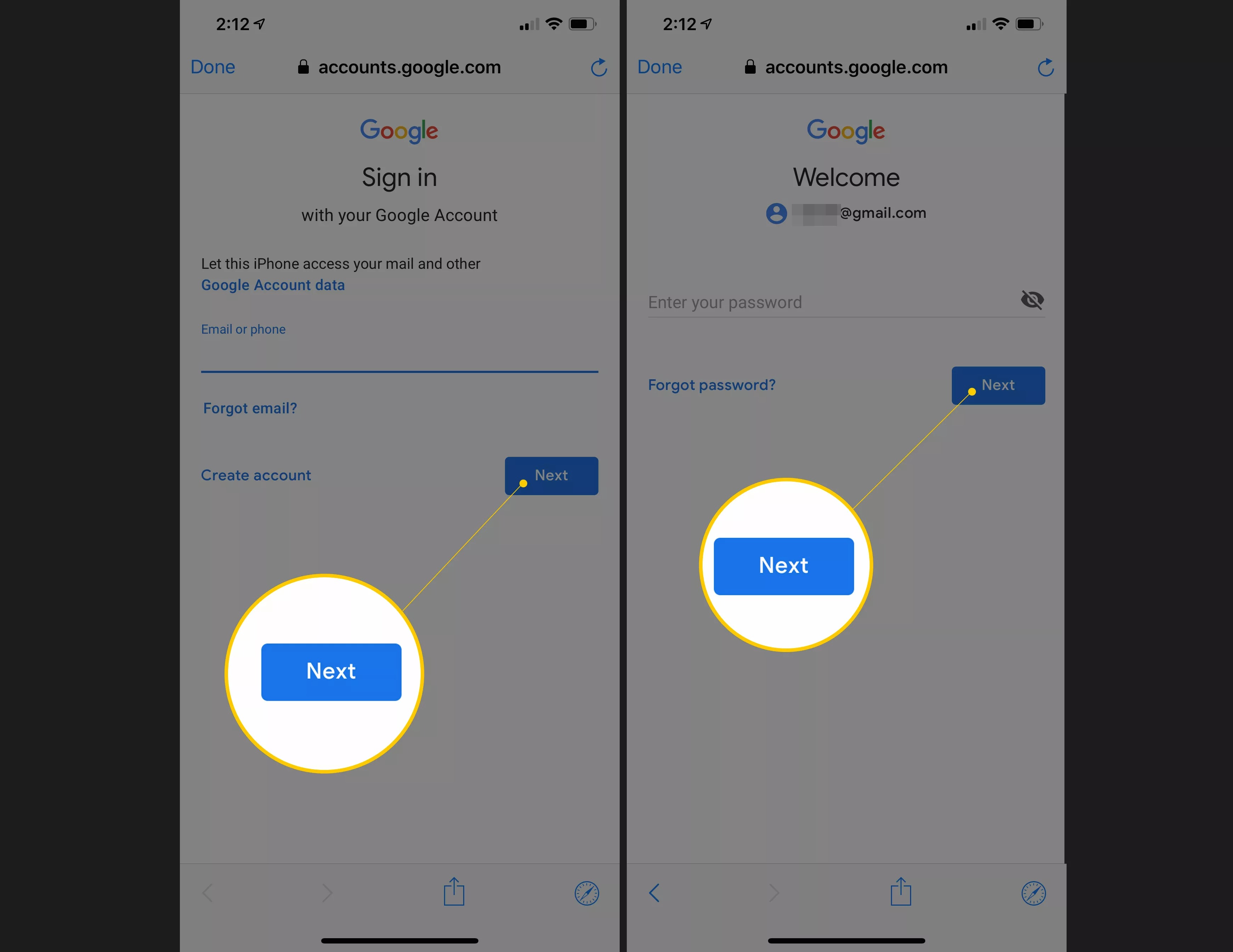 Next buttons on Google account sign in screens for username and password