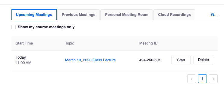 Close up of Upcoming Meetings in Zoom
