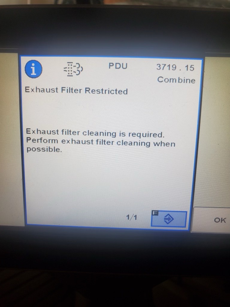 PDU message on John Deere Grain Harvesters after DPF delete