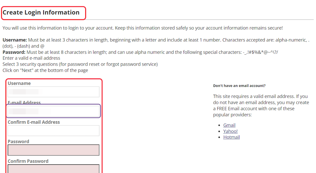 Type (and confirm) E-mail address connected with account, then retype to confirm. Choose a password according to instructions.