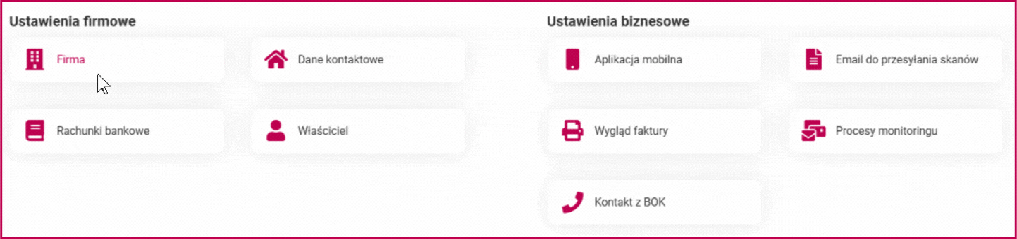 Animacja: przejście do Ustawienia, następnie Firma i edycja danych firmy
