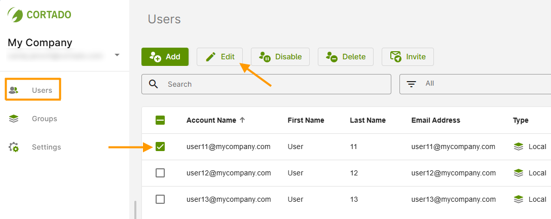 select user and click edit