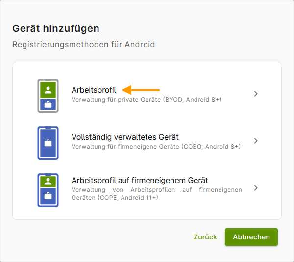 Arbeitsprofil auswählen