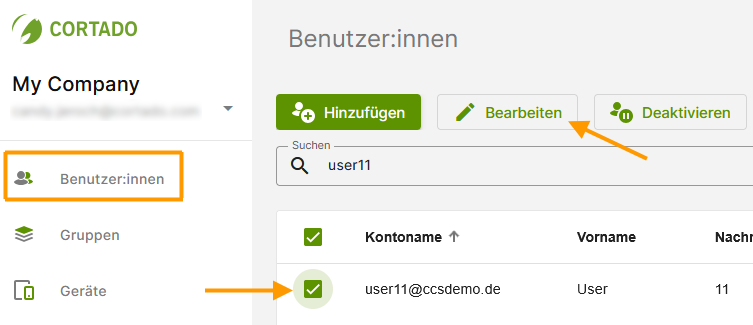 Benutzer auswählen und Bearbeiten