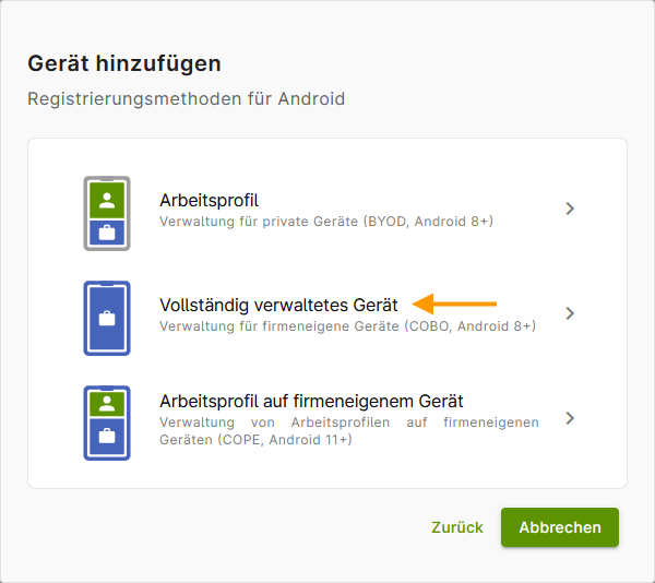Vollständig verwaltetes Gerät auswählen