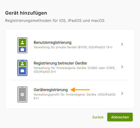 Geräteregistrierung auswählen