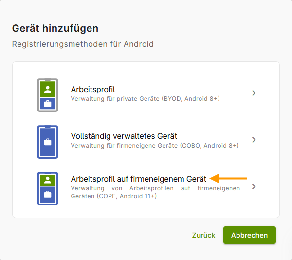 Arbeitsprofil auf firmeneigenem Gerät auswählen