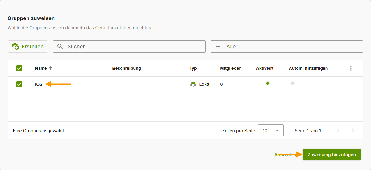 Gruppe auswählen und zuweisen