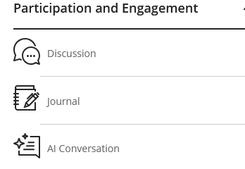 Image showing the list of Participation and Engagment Items: Discussion, Journal and AI Conversation