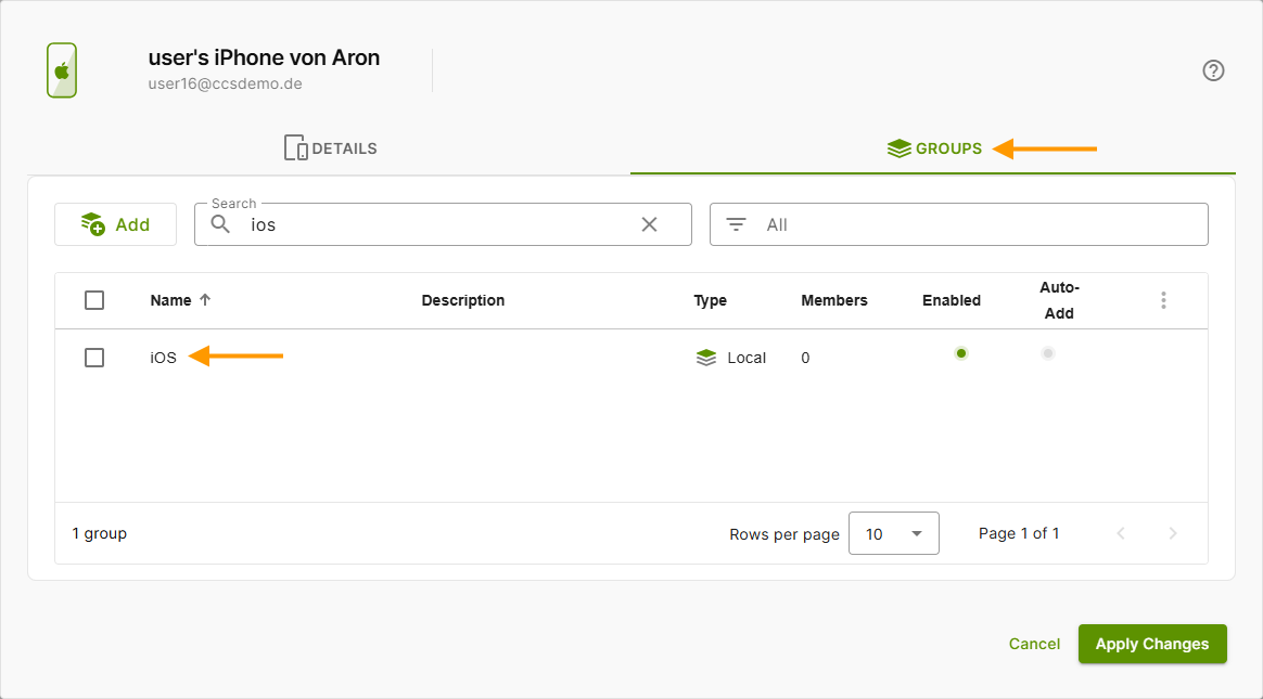 find your device in the groups tab