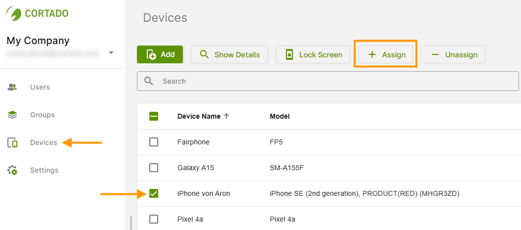 select a device and click on Assign