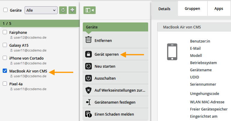 Mac auswählen und Gerät sperren