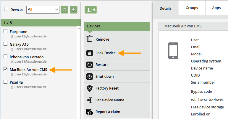 select the Mac and click on Lock Device