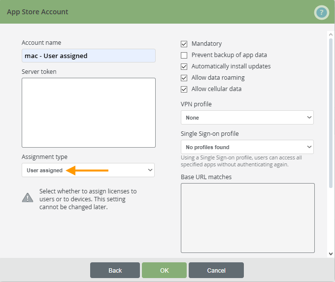 user assigned app store account