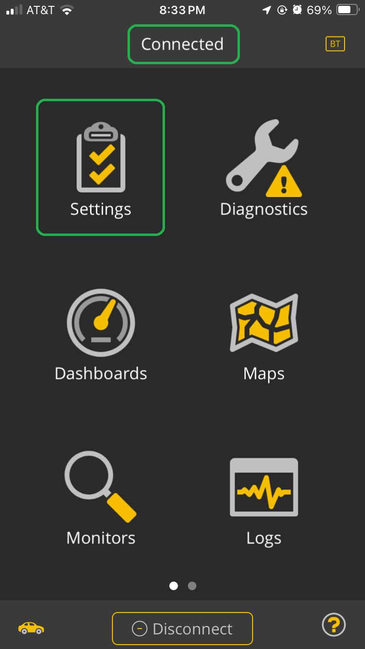 iOS screen with Connected highlighted. The Settings option is also highlighted.