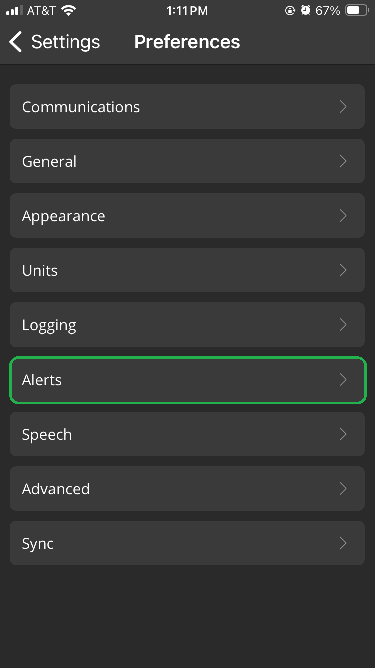 iOS Preferences screen with Alerts highlighted.