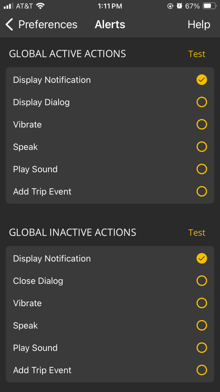 iOS Alerts screen showing a list of Global Active Actions and Global Inactive Actions. Two radio buttons for Display Notification are both checked.