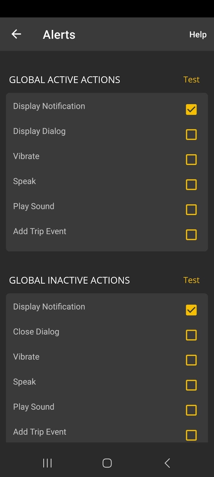 Android Alerts screen showing a list of Global Active Actions and Global Inactive Actions. Two radio buttons for Display Notification are both checked.