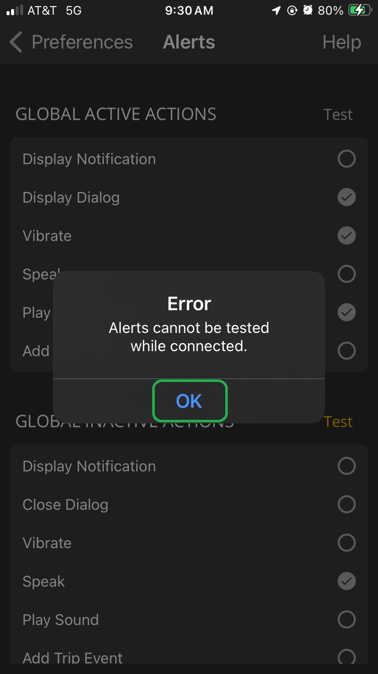 iOS Alerts screen showing an Error message. The OK button is highlighted.