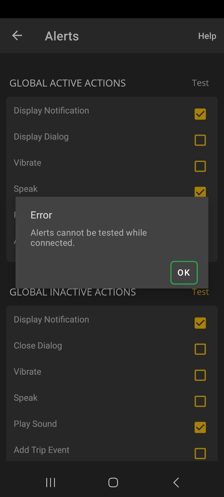Android Alerts screen showing an Error message. The OK button is highlighted.