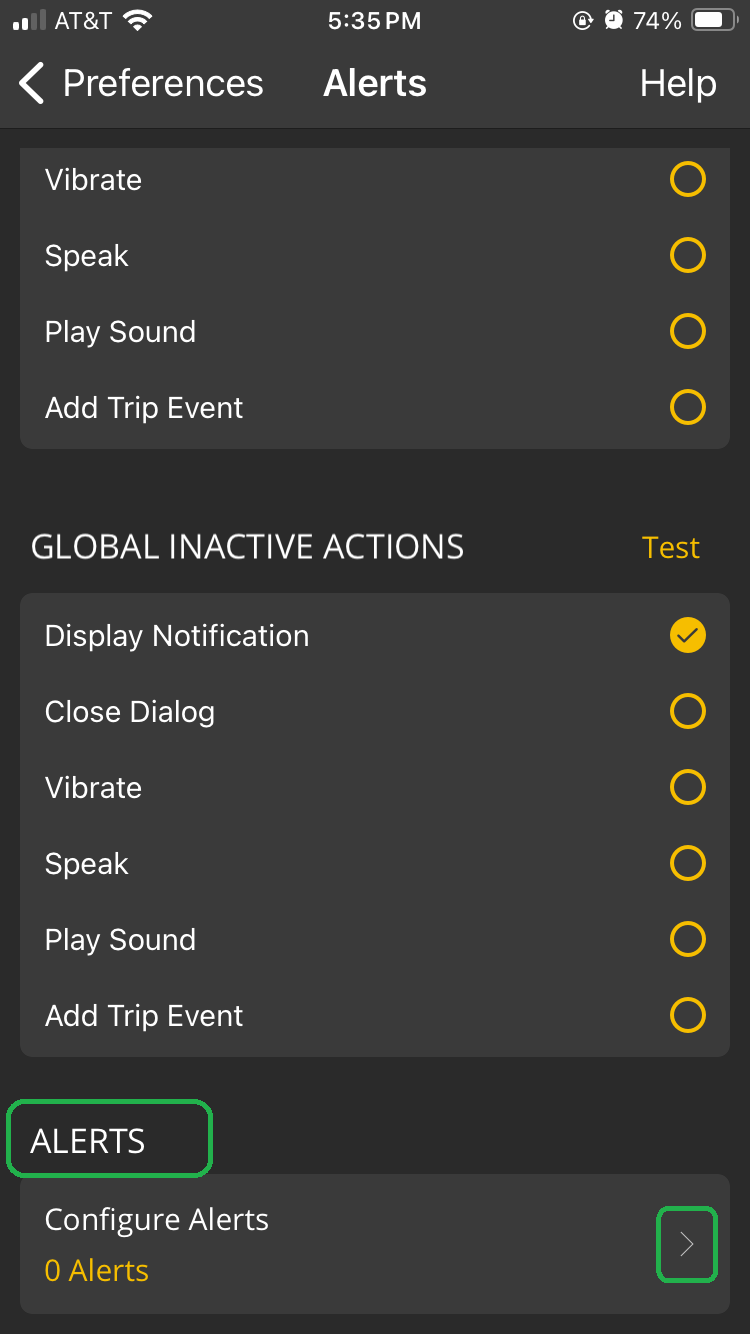 iOS Alerts screen showing Configure Alerts section. The forward arrow is highlighted.