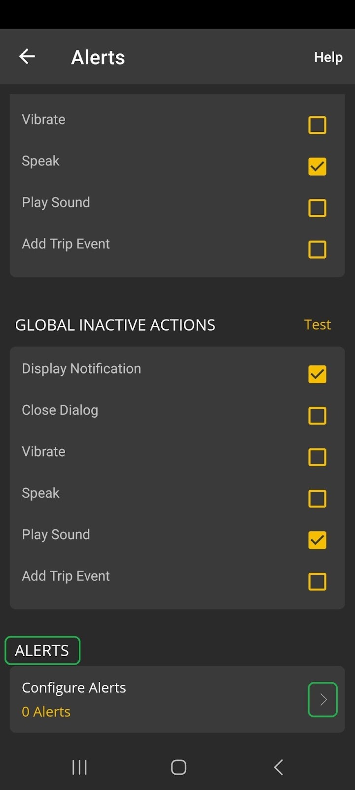 Android Alerts screen showing Configure Alerts section. The forward arrow is highlighted.