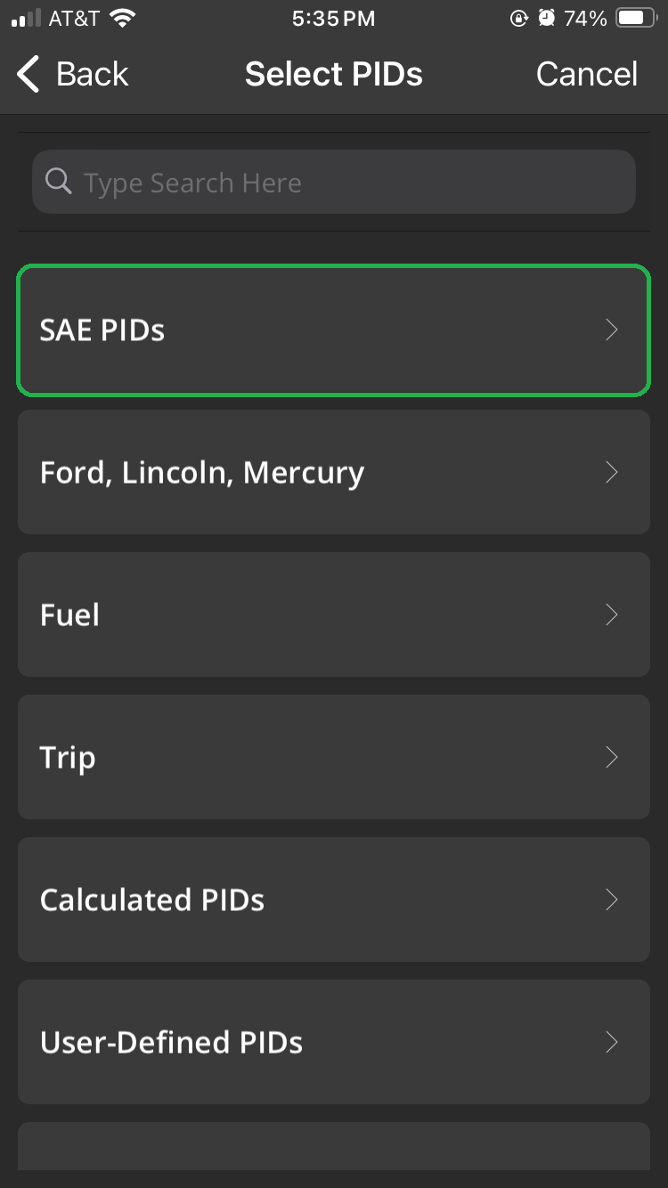 iOS Select PIDs screen. The SAE PIDs option is highlighted.