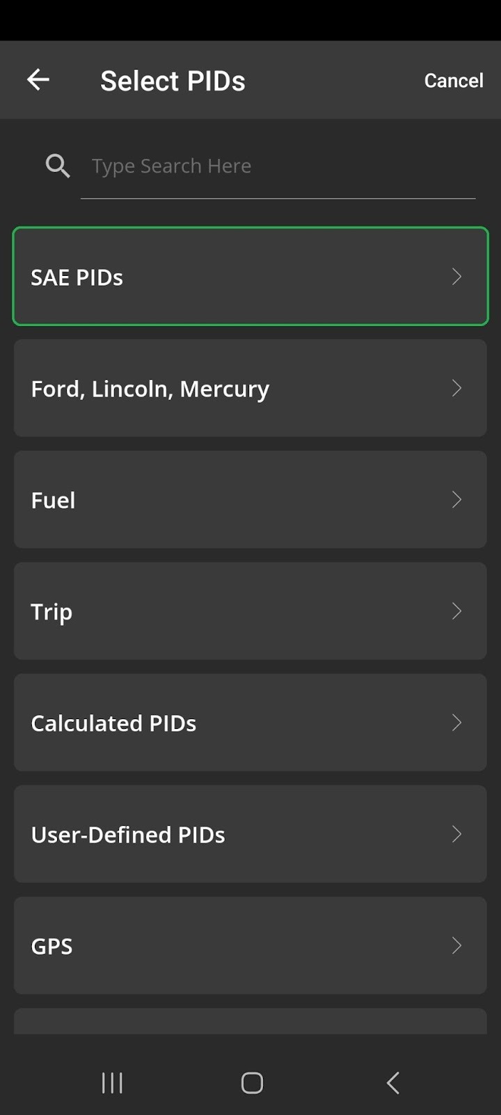 Android Select PIDs screen. The SAE PIDs option is highlighted.