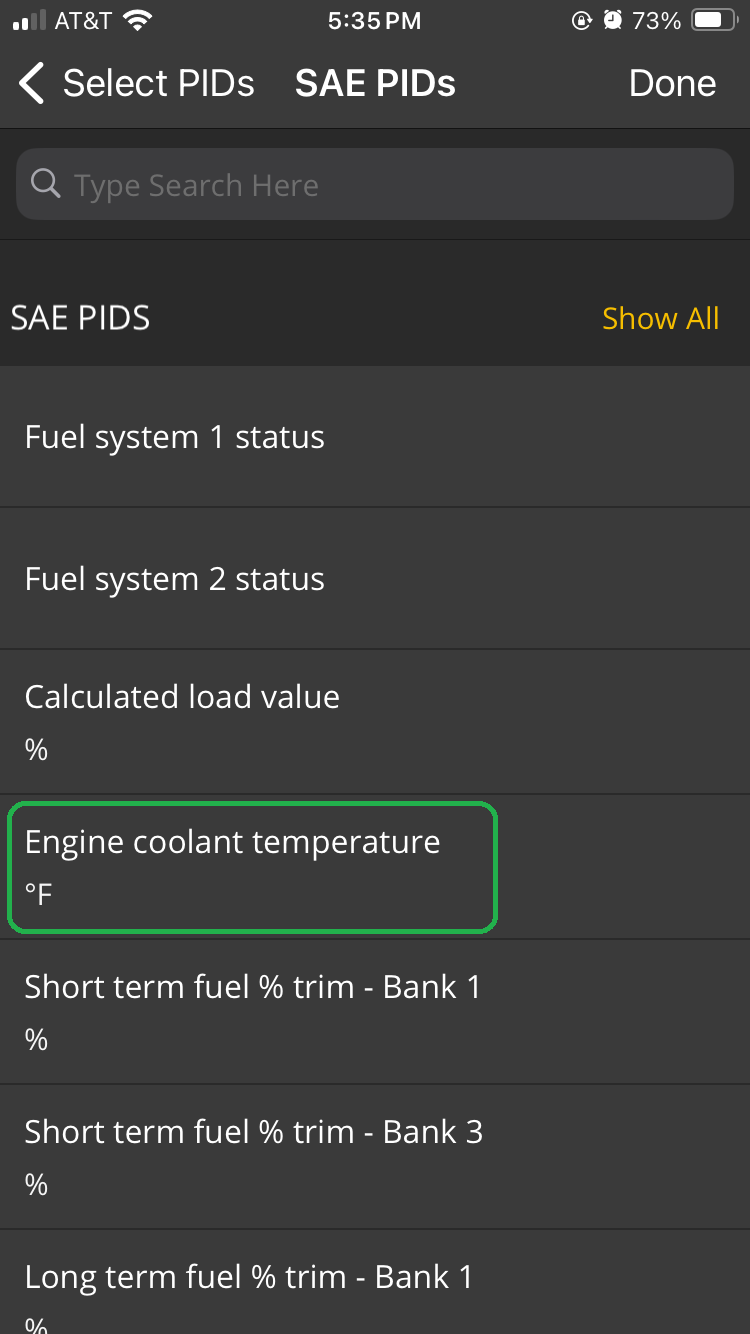 iOS SAE PIDs screen. The Engine Coolant Temperature in degrees Fahrenheit is highlighted.