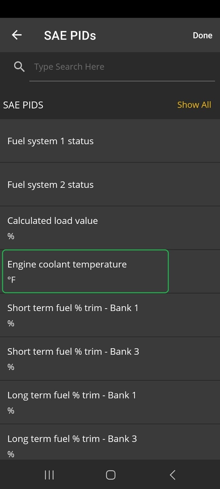 Android SAE PIDs screen. The Engine Coolant Temperature in degrees Fahrenheit is highlighted.