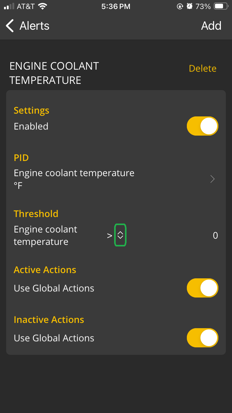 iOS Alerts screen showing the settings for Engine Coolant Temperature. The arrow options are highlighted.