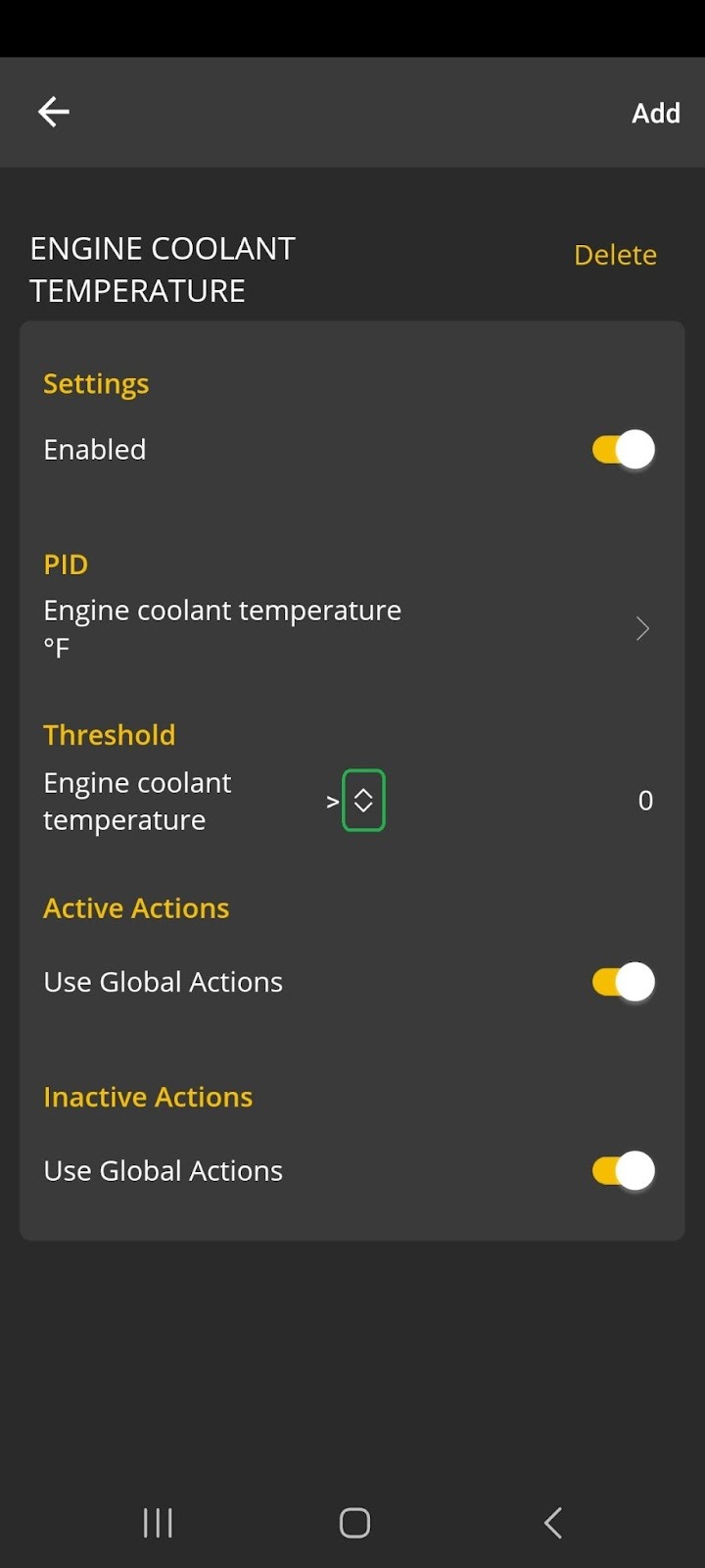 Android Alerts screen showing the settings for Engine Coolant Temperature. The arrow options are highlighted.