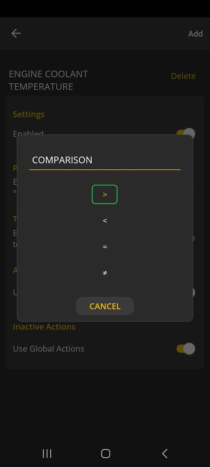Android Alerts screen showing the comparison options. The greater-than symbol is highlighted.