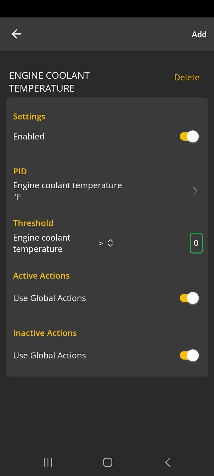 Android Alerts screen with the threshold value of 0 highlighted.