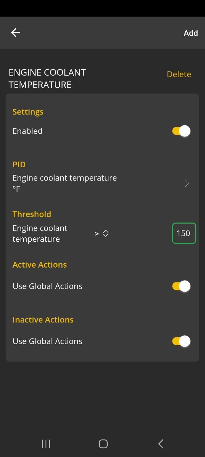 Android Alerts screen with the threshold value of 150 highlighted.