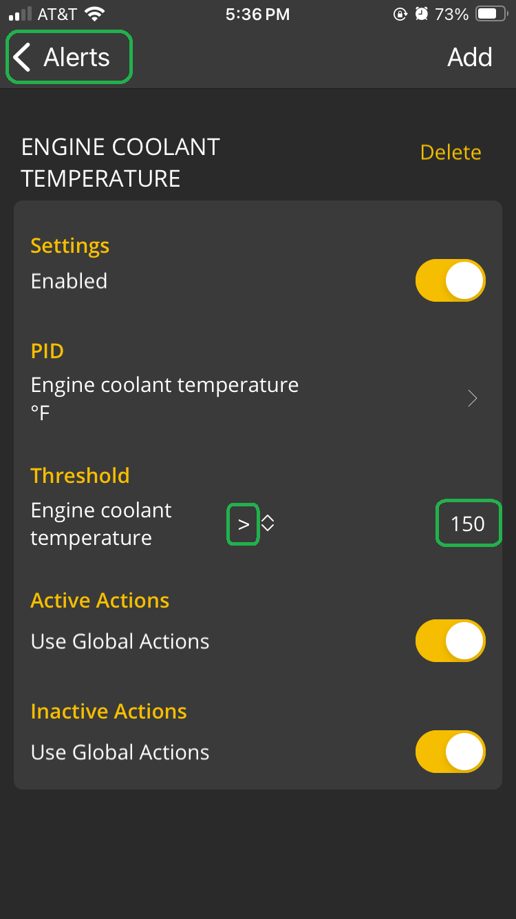 iOS Alerts screen with the greater-than symbol and threshold value of 150 both highlighted. The Alerts-back arrow button is also highlighted.