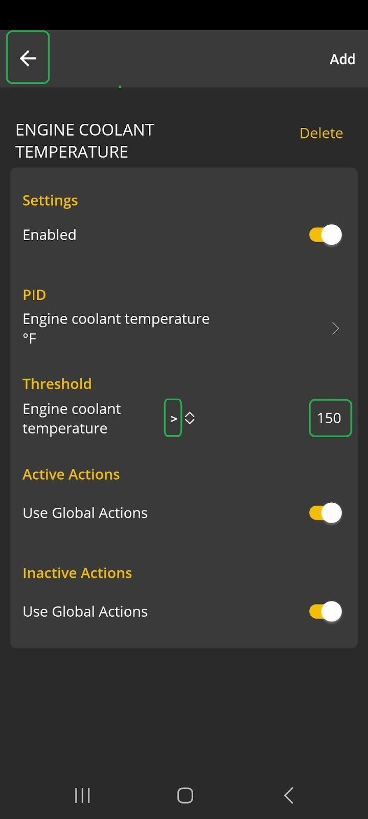 Android Alerts screen with the greater-than symbol and threshold value of 150 both highlighted. The Back arrow button is also highlighted.