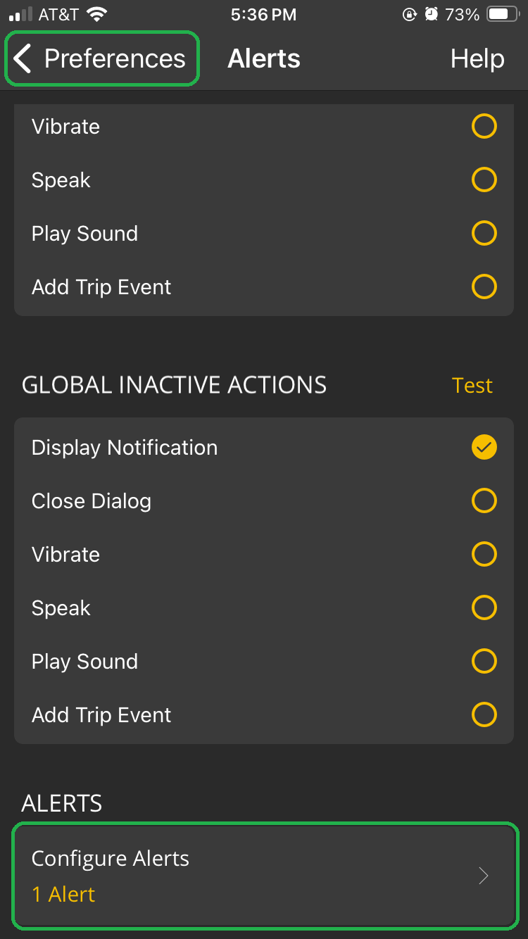 iOS Alerts screen with the Configure Alerts section highlighted. The Preferences-back arrow button is also highlighted.