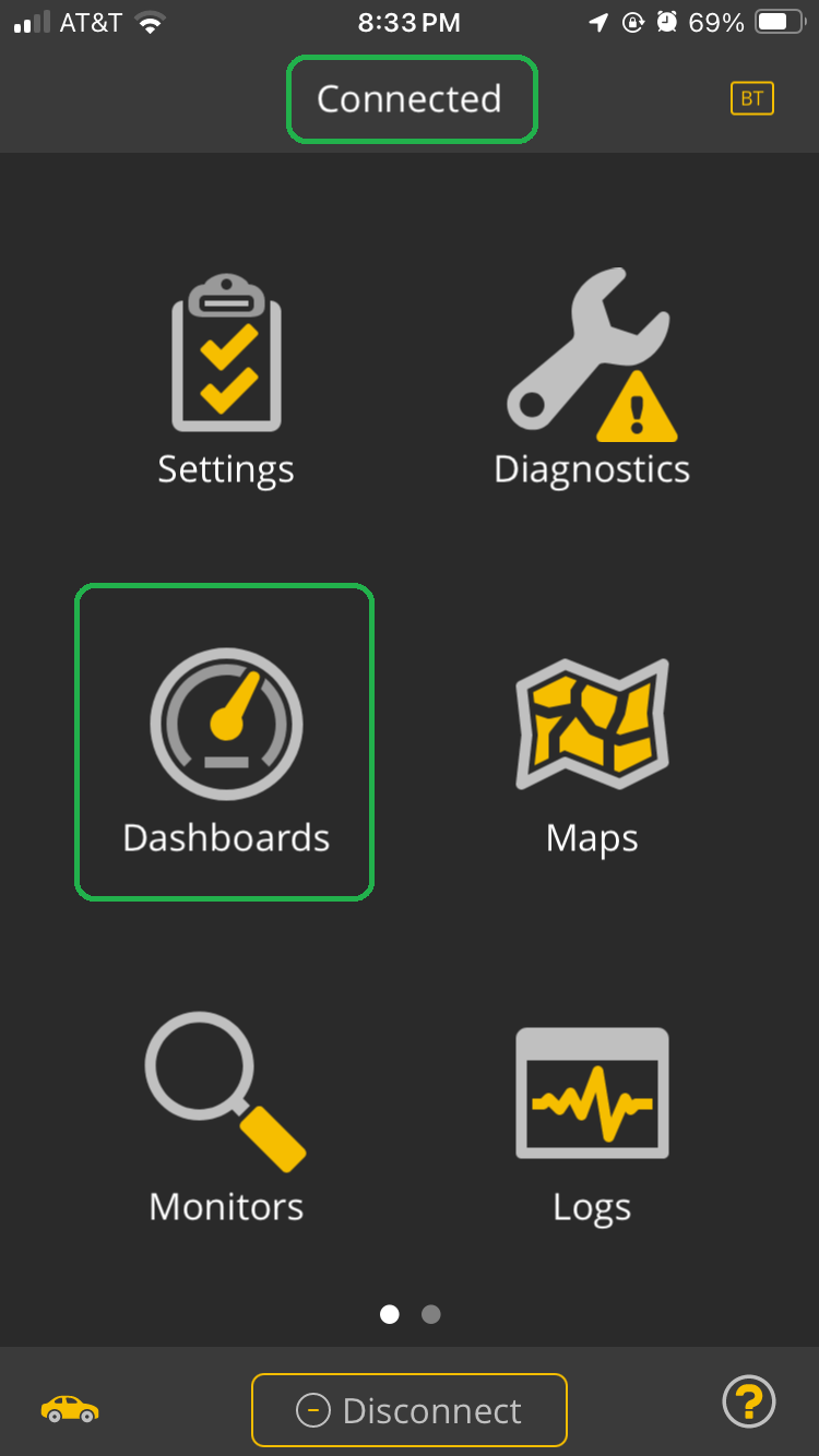 iOS screen with Connected highlighted. The Dashboards option is also highlighted.