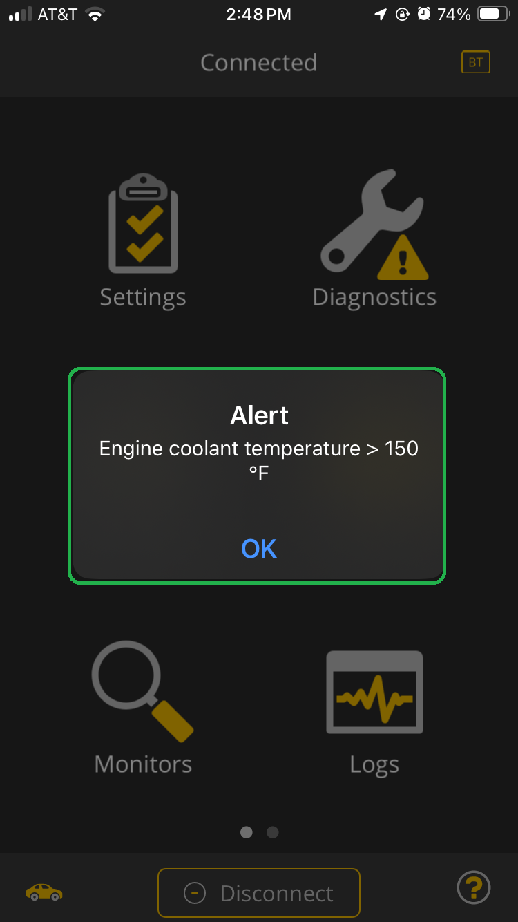 iOS screen showing an Alert message on top of the main screen. The Alert message is highlighted.