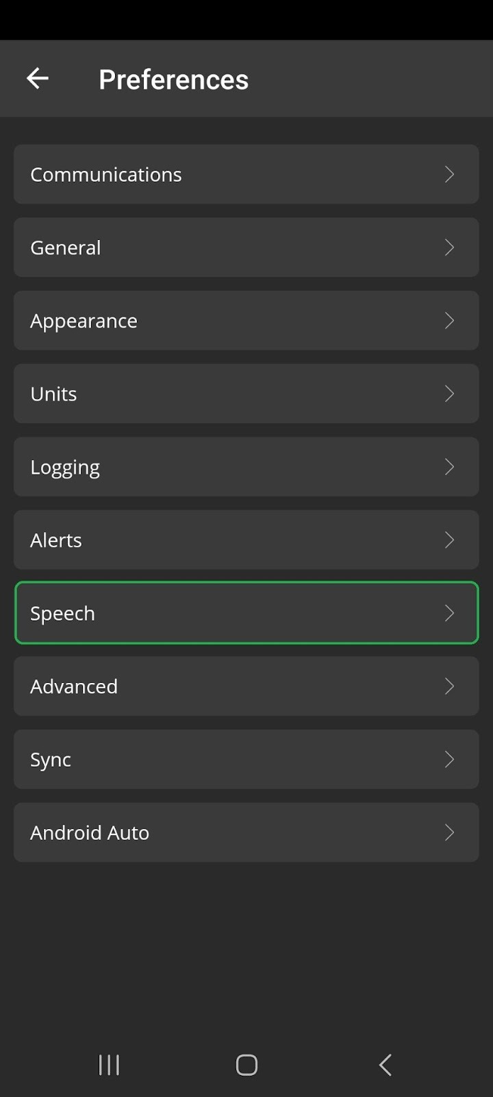 Android Settings screen showing the Preferences options. The Speech option is highlighted.