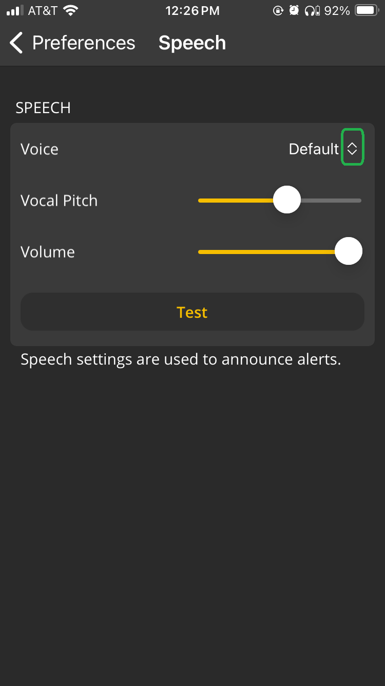 iOS screen showing the Speech options. The selection arrows for the Voice option are highlighted.