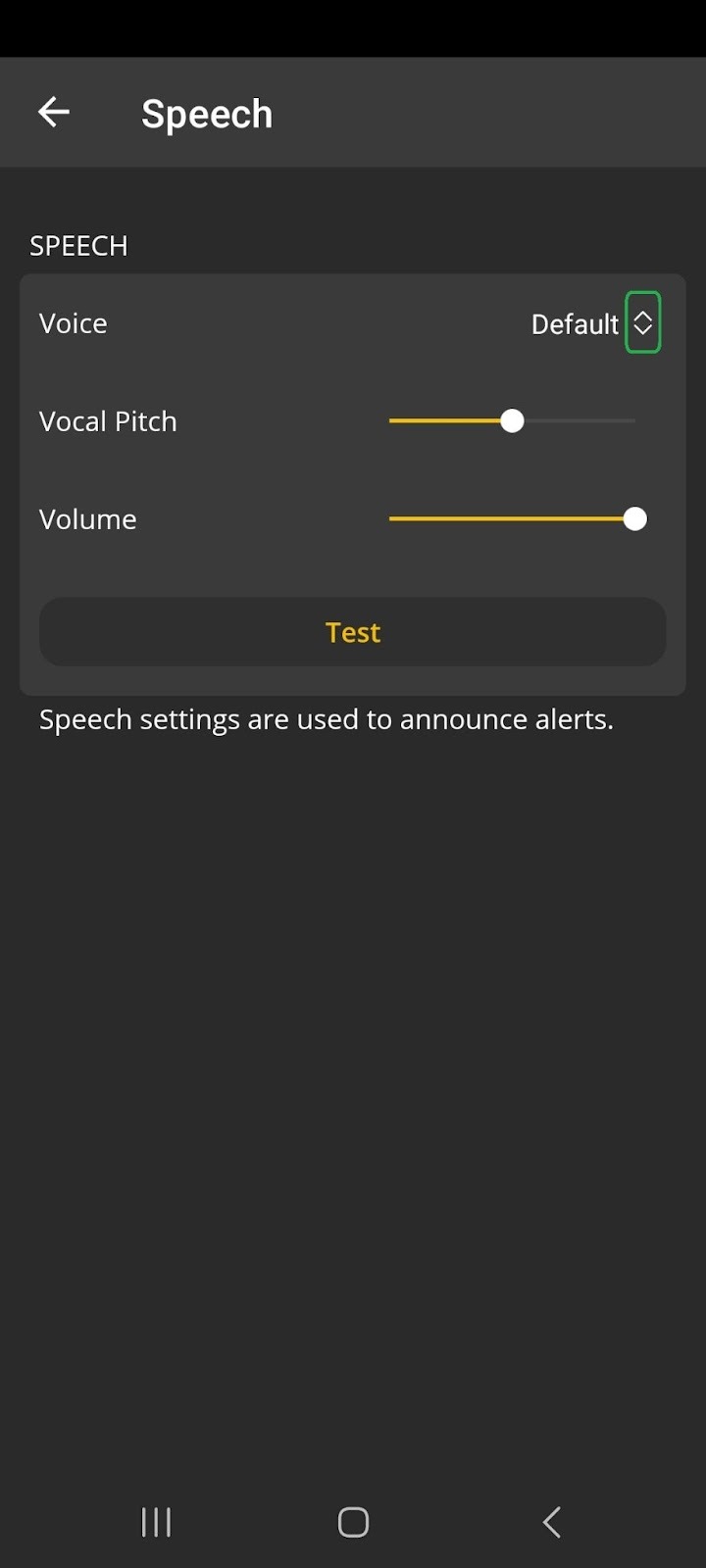 Android screen showing the Speech options. The selection arrows for the Voice option are highlighted.
