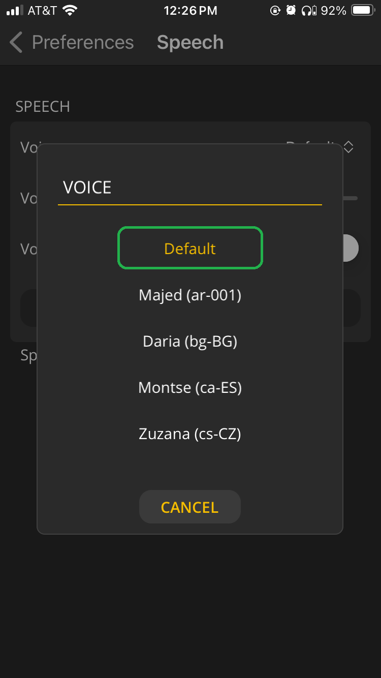iOS screen showing the Voice options. The Default option is highlighted.