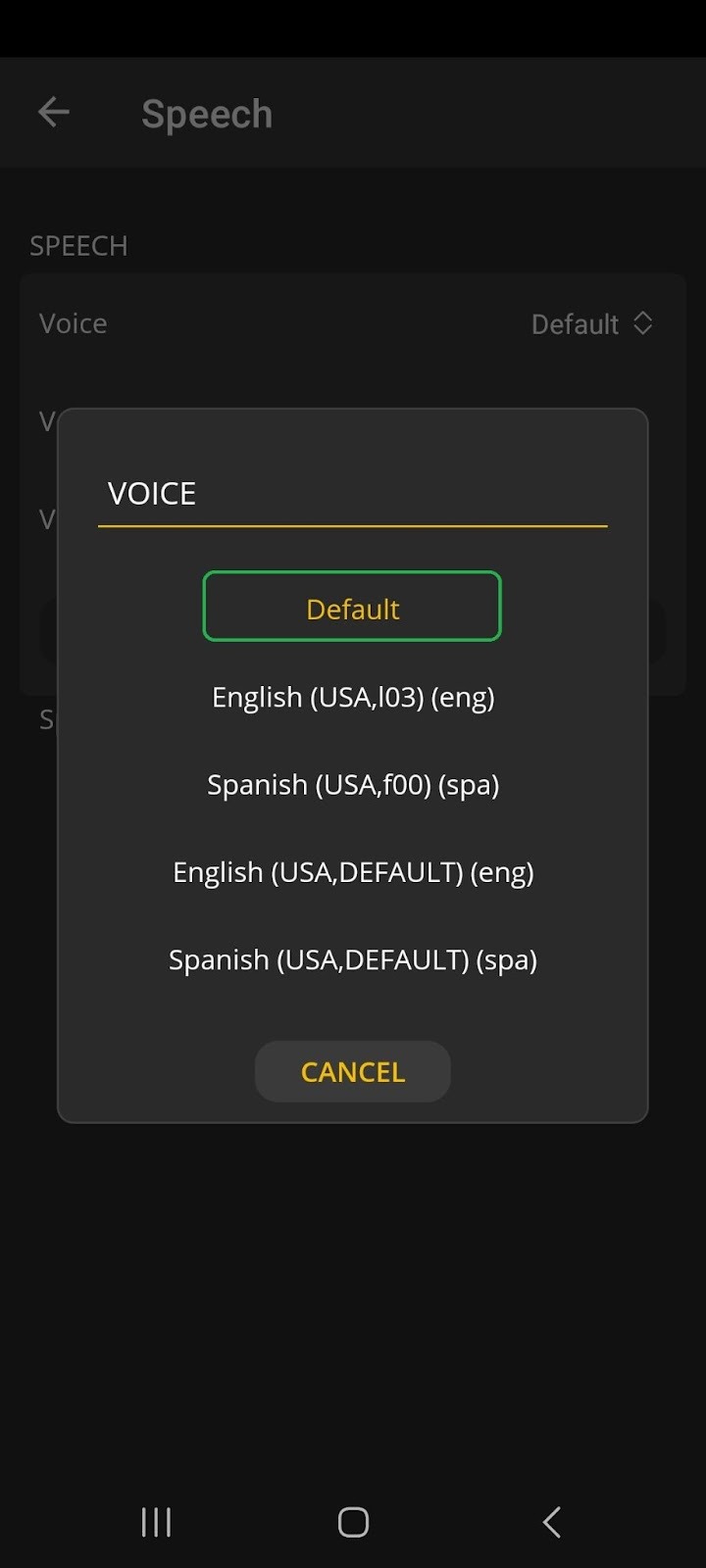 Android screen showing the Voice options. The Default option is highlighted.