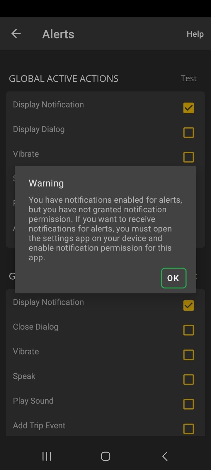 Android Preferences screen showing a Warning message. The OK button is highlighted.