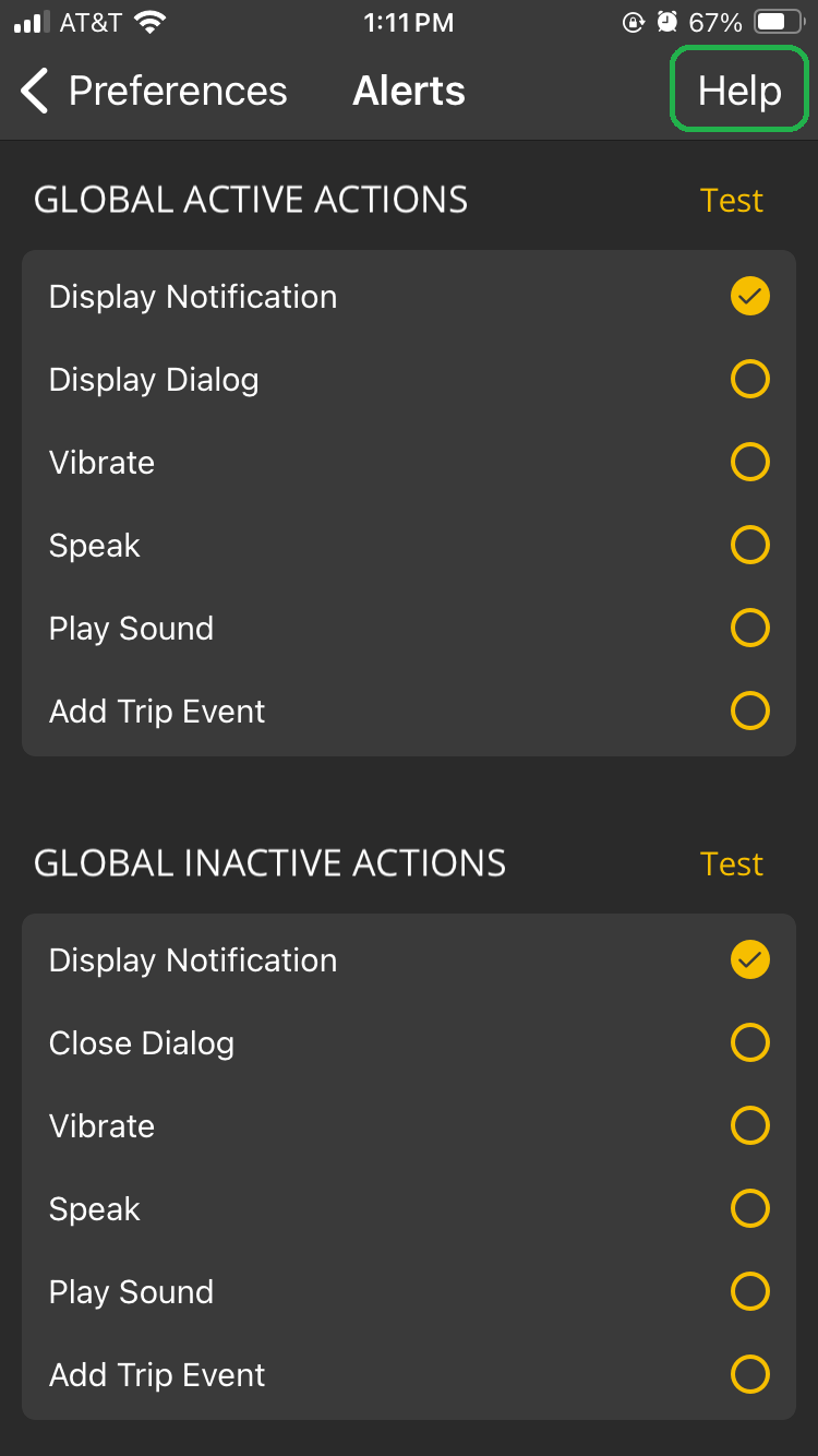 iOS Alerts screen showing Global Active Actions and Global Inactive Actions. The Help button is highlighted.