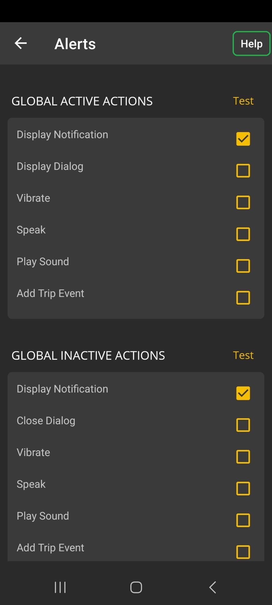 iOS Alerts screen showing Global Active Actions and Global Inactive Actions. The Help button is highlighted.